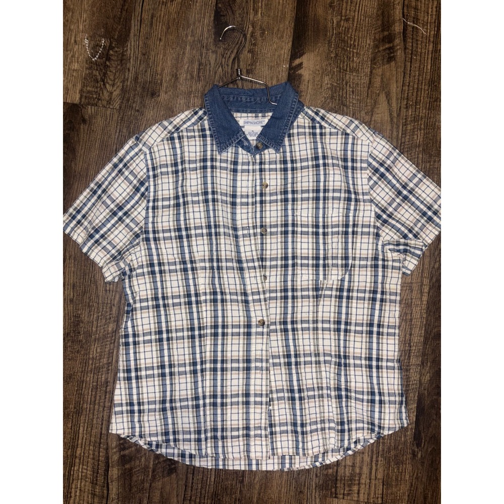 Ship N Shore Women XL Blue White Plaid Short Sleeve Denim Collar Button Up Shirt